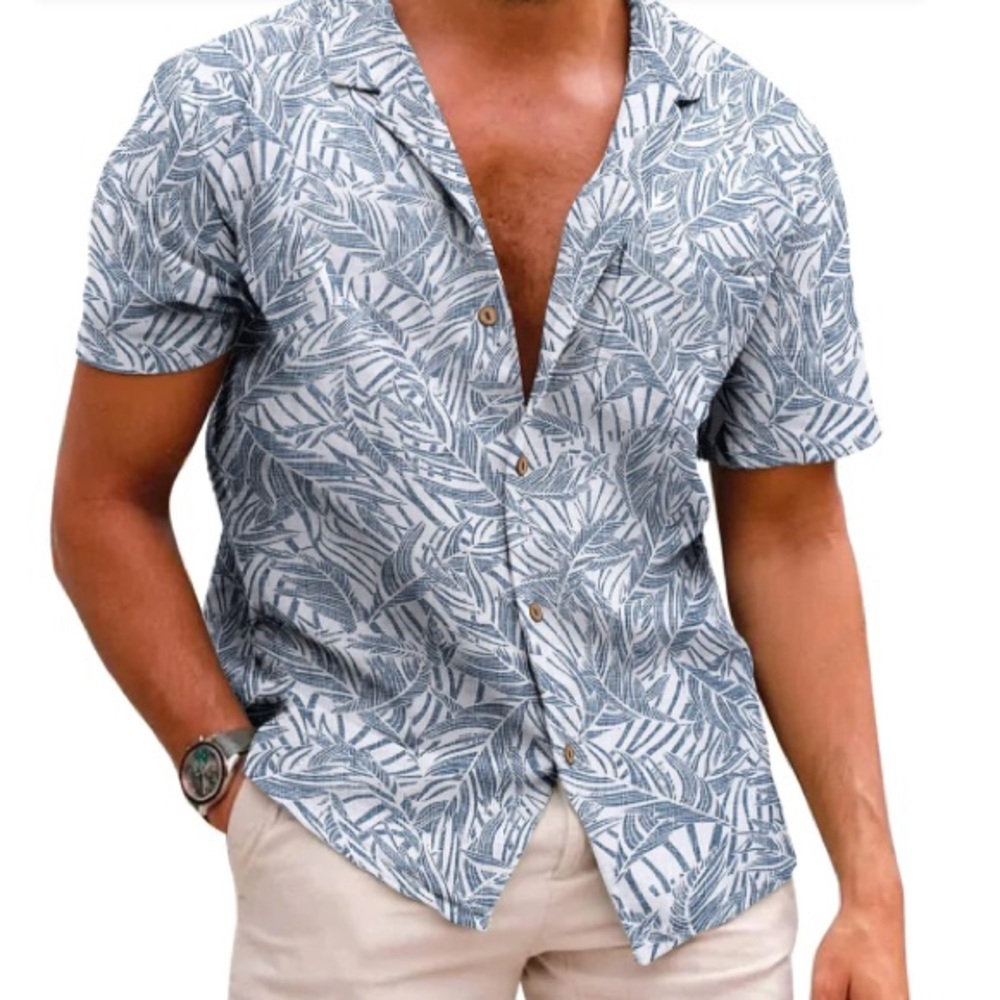 Men’s Tropical/Beach Button Down Shirt - XXL Grey Palm Leaf